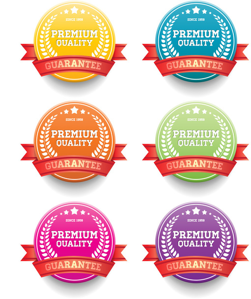 kleurrijke ronde vector vintage badges collectie "premiumkwaliteit" versierd met rode linten - Vector, afbeelding