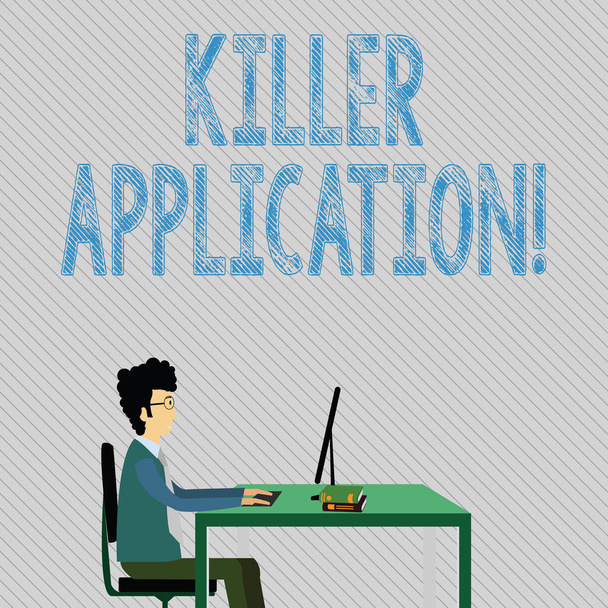 Text sign showing Killer Application. Conceptual photo virtually indispensable or much superior to rival product Businessman Sitting Straight on Chair Working on Computer and Books on Table. - Photo, Image