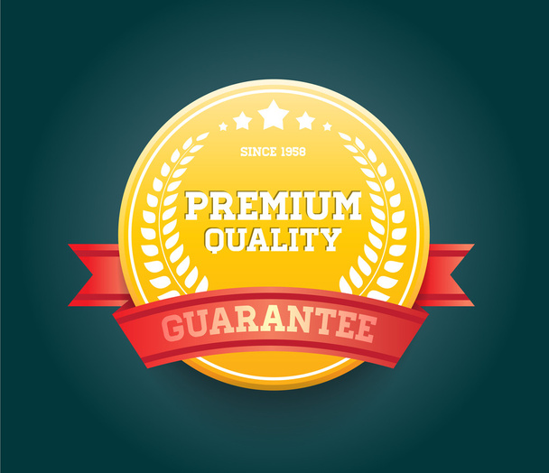 Yellow vector round badge with red ribbon "Premium quality guarantee" - Vector, imagen