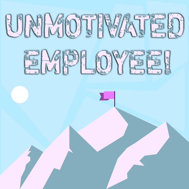 Word writing text Unmotivated Employee. Business concept for very low self esteem and no interest to work hard Mountains with Shadow Indicating Time of Day and Flag Banner on One Peak. - Photo, Image
