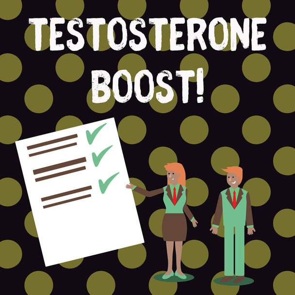テストステロンブーストを示すテキスト記号.主要男性ホルモンと蛋白同化ステロイドの男性と女性の概念写真の上昇は、紙のチェックとラインのレポートを提示するビジネススーツの男性と女性. - 写真・画像