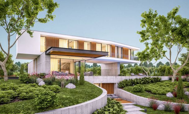 3D-Rendering des modernen Hauses auf dem Hügel mit Pool am Abend - Foto, Bild