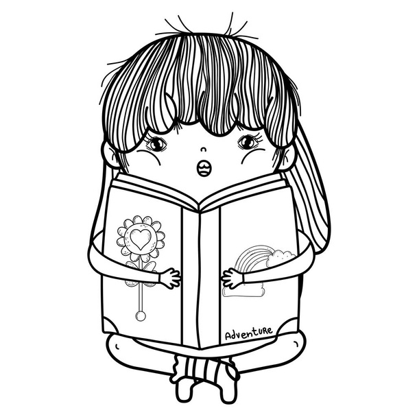 Onnellinen pieni tyttö lukeminen kirja
 - Vektori, kuva