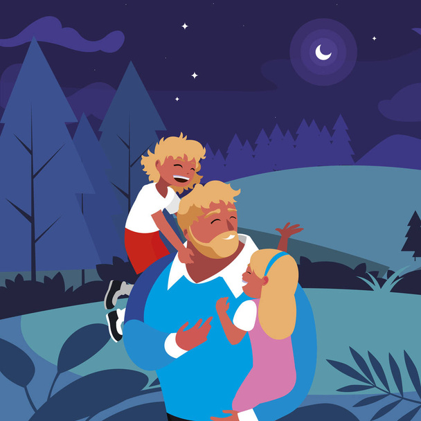 padre con hijo e hija en el campo por la noche
 - Vector, imagen