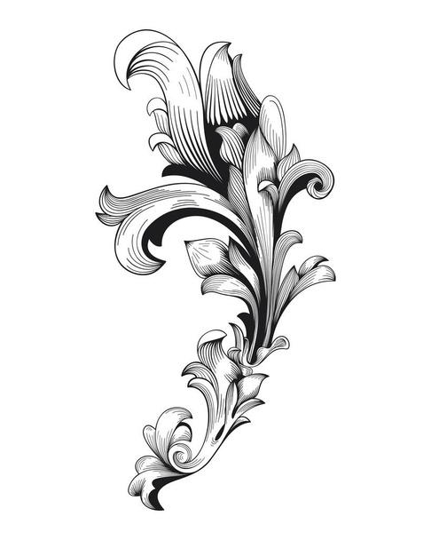 Grawerowanie barok element filigran granica kwiatowy kwiecisty liści ornament ozdoba ozdobny projekt przewiń rama retro styl Vintage wektor wirowa wzór - Wektor, obraz
