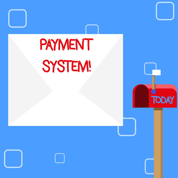 Handschrift-Text-Zahlungssystem. Konzept bedeutet, dass ein System verwendet wird, um Finanztransaktionen zu bezahlen oder abzuwickeln, leerer großer weißer Umschlag und geöffneter roter Briefkasten mit kleiner Flagge nach oben signalisiert. - Foto, Bild