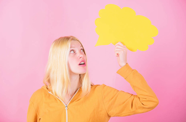Thoughts of cheerful adorable woman. Ideas and thoughts copy space. Idea and inspiration. Idea and brainstorming concept. Girl cute blonde with speech bubble. What is on her mind. Create idea - Fotó, kép
