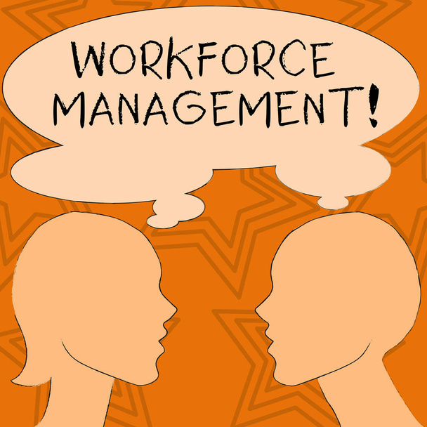 Writing note showing Workforce Management. Business photo showcasing use to optimize the productivity of its employees Silhouette Sideview Profile of Man and Woman Thought Bubble. - Photo, Image