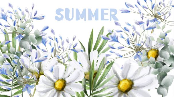 Chamomile summer card Vector watercolor. Vintage flowers white colors. Delicate frame decors - Vektör, Görsel