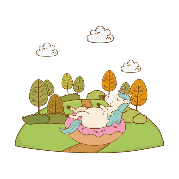 cute fairytale unicorn in the landscape - Vector, Image