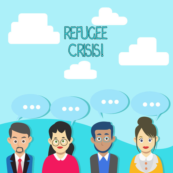 Word writing text Refugee Crisis. Business concept for refer to movements of large groups of displaced showing Group of Business People with Blank Color Chat Speech Bubble with Three Dots. - Photo, Image