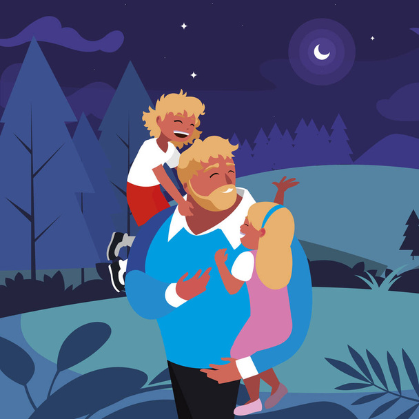 padre con figlio e figlia nel campo di notte
 - Vettoriali, immagini