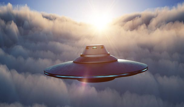 UFO obcy statek kosmiczny leci na niebie nad chmurami o zachodzie słońca. 3d  - Zdjęcie, obraz