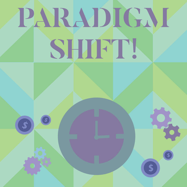 Text sign showing Paradigm Shift. Conceptual photo fundamental change in approach or underlying assumptions Time Management Icons of Clock, Cog Wheel Gears and Dollar Currency Sign. - Photo, Image