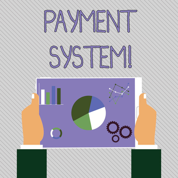 Text sign showing Payment System. Conceptual photo a system used to pay or settle financial transactions Hands Holding Tablet with Search Engine Optimization Driver Icons on Screen. - Photo, Image