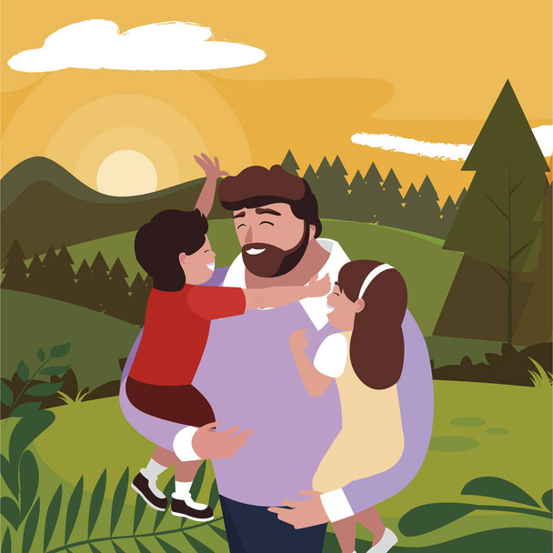 padre con hijo e hija personajes en el campo
 - Vector, Imagen