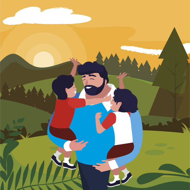 padre con hijos personajes en el campo
 - Vector, Imagen