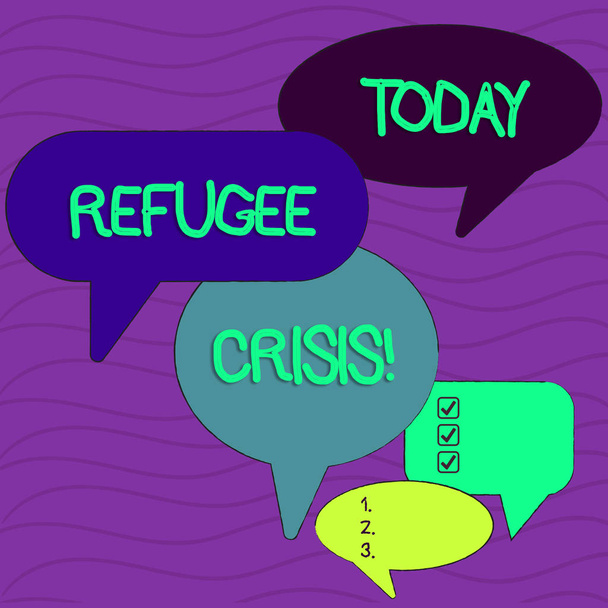 Conceptual hand writing showing Refugee Crisis. Business photo text refer to movements of large groups of displaced showing Speech Bubble in Different Sizes and Shade Group Discussion. - Photo, Image