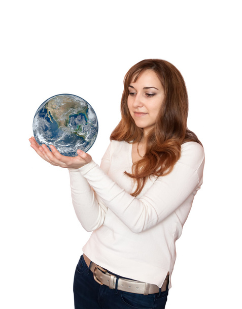 Woman holding planet Earth, - Фото, зображення