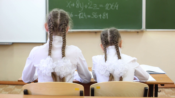 Schoolgirl girls look at the board view from the back.Schoolgirls teenagers sitting at the table watching the school board on ocher turn back look back. Girls in white blouses, hair braided in braids - Footage, Video