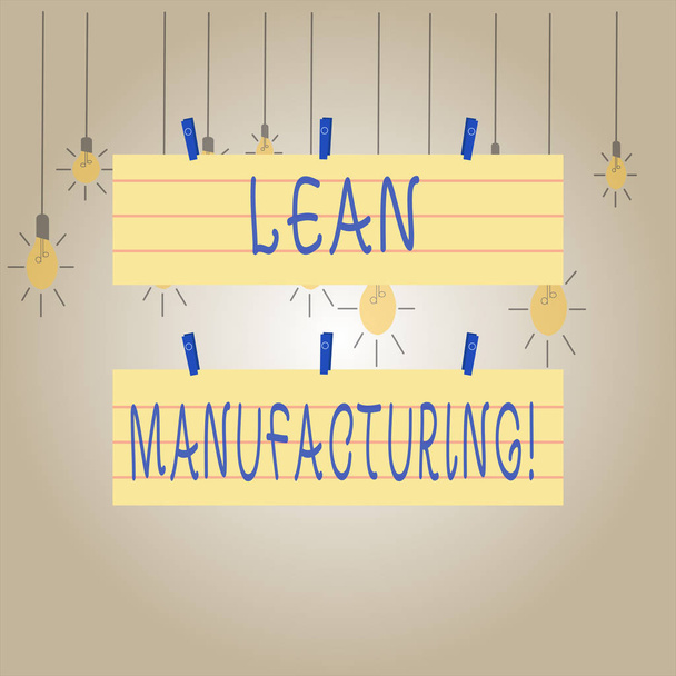 Writing note showing Lean Manufacturing. Business photo showcasing focus on minimizing waste within analysisufacturing systems Strip Size Lined Paper Sheet Hanging Using Blue Clothespin. - Fotoğraf, Görsel