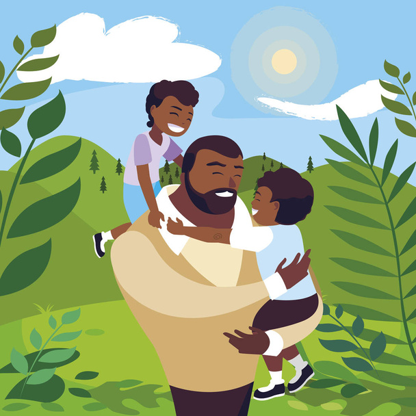 afro padre con hijos personajes en el campo
 - Vector, Imagen