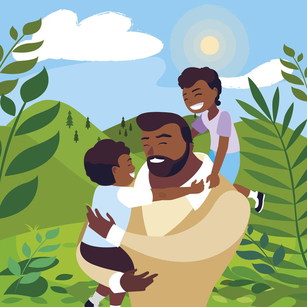 afro padre con hijos personajes en el campo
 - Vector, Imagen