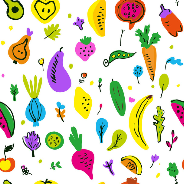 Vegetables and fruits seamless pattern, funny sketchy design. Vector graphic illustration - Vektori, kuva