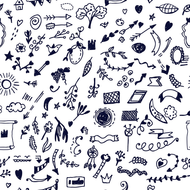 Divertidos elementos doodle patrón sin costura, diseño dibujado a mano
 - Vector, imagen