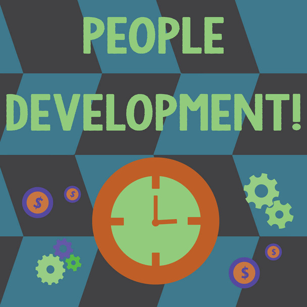 Szövegírás People Development. Üzleti koncepció a munkavállalók ösztönzése új vagy fejlett készségek elsajátítására Időmenedzsment Az óra, fogaskerék-fogaskerekek és dollár pénznem jel ikonjai. - Fotó, kép