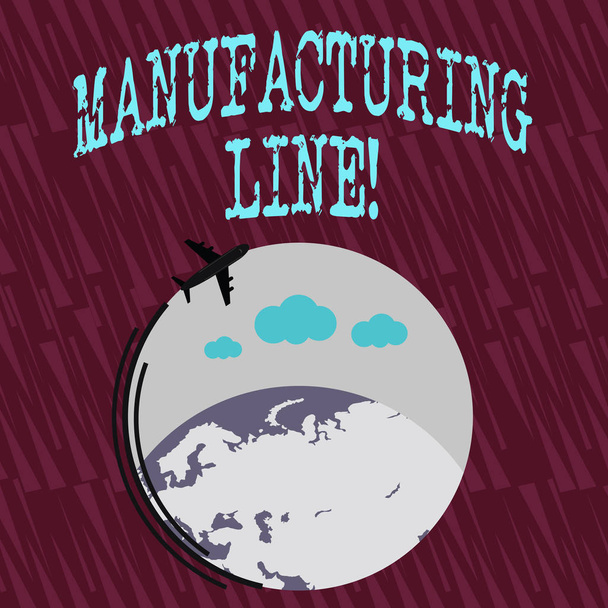 Text sign showing Manufacturing Line. Conceptual photo set of sequential operations established in a factory Airplane with Moving Icon Flying Around Colorful Globe and Blank Text Space. - Photo, image