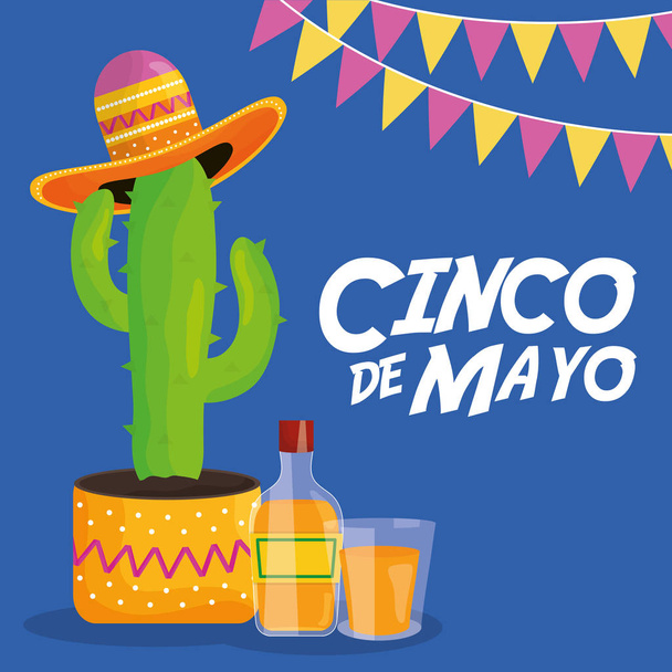 cinco de mayo celebration with cactus and hat mexican - Vector, Image