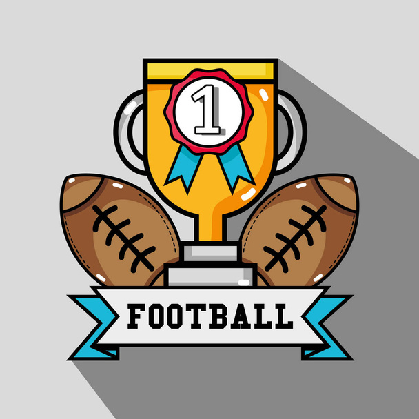 American Football Bälle mit Siegerpokal und Medaille - Vektor, Bild