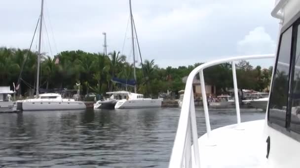Het verlaten van Key Largo Harbor, Florida, op een boot gezien vanaf het schip met het water, de kust en zeilboten in zicht - Video