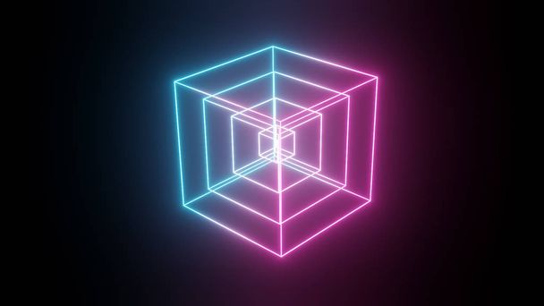 Rotující zářící neonová kostka, fluorescenční ultrafialové světlo, abstraktní 3D ilustrace geometrické pozadí - Fotografie, Obrázek
