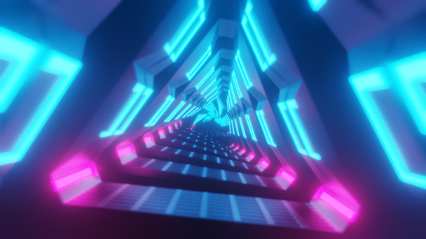 fliegen durch metallisch leuchtende rotierende Neon-Dreiecke, die einen Tunnel schaffen, buntes Spektrum, fluoreszierendes ultraviolettes Licht, moderne bunte Beleuchtung, 3D-Illustration - Foto, Bild