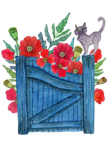 Cat at the gate and flowers behind - Photo, Image