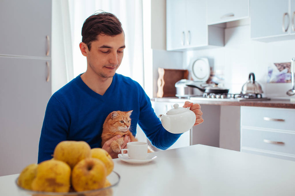Portrait of handsome young man pours tea with cat on the kitchen - Photo, Image