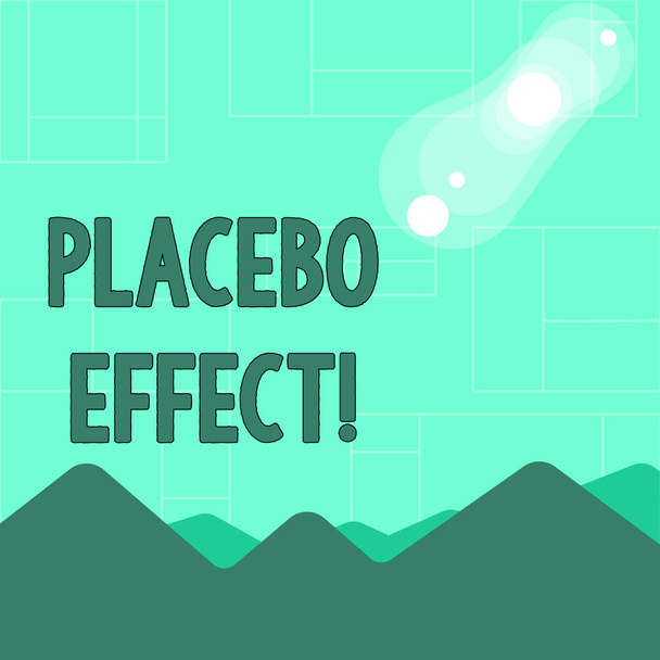 Plasebo Etkisini gösteren kavramsal el yazısı. İş fotoğraf metin renkli dağlar ve Hills Ay ve Güneş Tutulması bir plasebo ilaç veya tedavi Görünümü tarafından üretilen yararlı bir etki. - Fotoğraf, Görsel