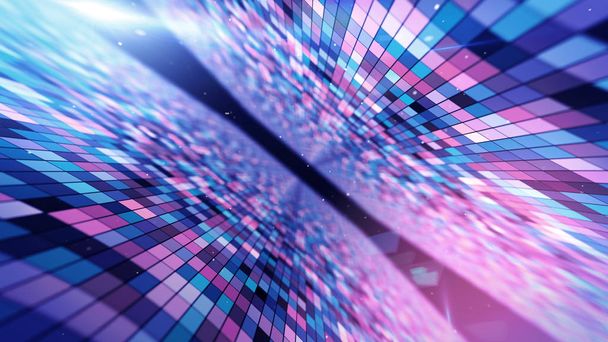 Flying in an abstract space with glowing flashing squares, blue red pink violet spectrum, fluorescent ultraviolet light, modern colorful lighting, 3d illustration - Photo, Image
