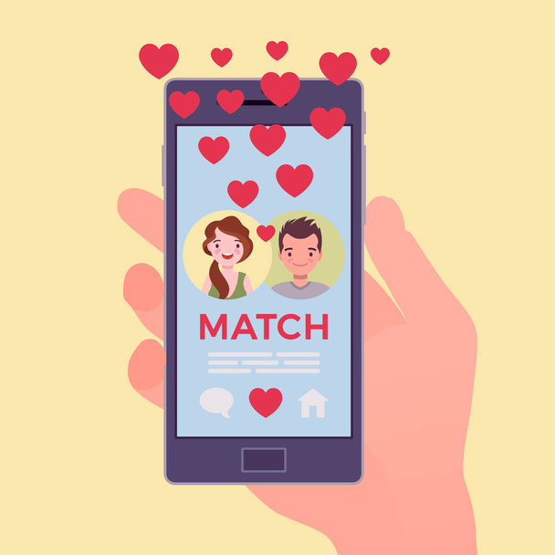Dating mobiele applicatie met pair match op smartphone scherm - Vector, afbeelding