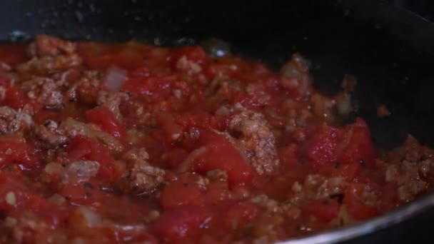 Espaguete com molho de bolonhesa, a composição de fach carne, tomates, azeite, ervas e espaguete com trigo duro
. - Filmagem, Vídeo