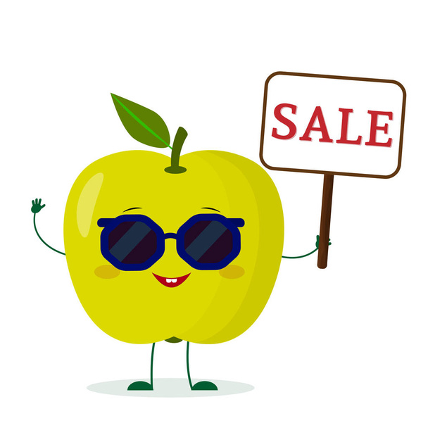 Kawaii cute green apple fruit cartoon character in sunglasses keeps a sale sign. Logo, template, design. Vector illustration, a flat style - Διάνυσμα, εικόνα