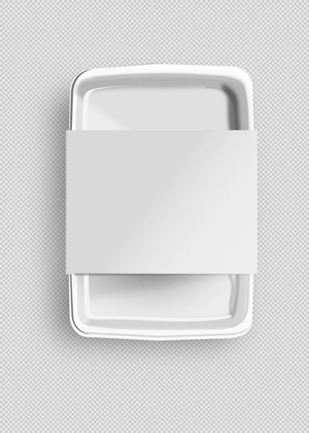 White Mockup Empty Blank Styrofoam Plastic Food Tray Container With Lable. Illustration Isolated On Gray Background. Mock Up Template Ready For Your Design - Vector, imagen
