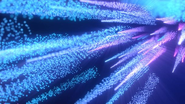 Neonové částice růžového modrého světla v chaotickém pohybu. 3D ilustrace abstraktní pohybové pozadí. Fluorescenční ultrafialové světlo, laserové neonové čáry - Fotografie, Obrázek
