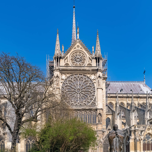 Paris, Notre-Dame-Kathedrale im ile de la cite, die Glasfenster, der Pfeil und der Papst - Foto, Bild