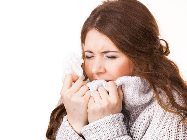 Sick freezing woman sneezing in tissue - Fotografie, Obrázek