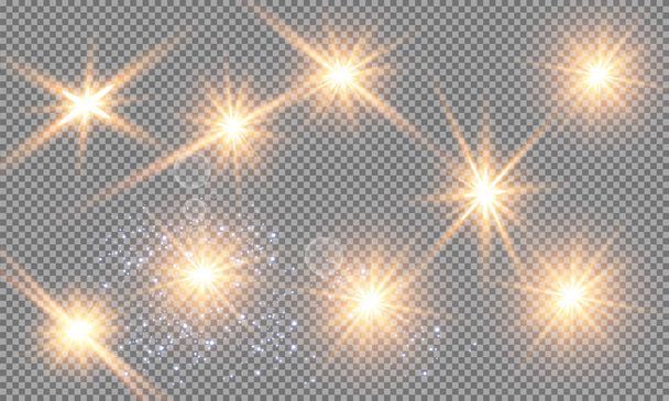 Efekt blask światła. Ilustracja wektorowa. Christmas Flash koncepcja. Ilustracja wektorowa abstrakcyjne promienie świetlne. Zestaw gwiazd, światła i blaski, promienie i jasność. Efekt blasku światła. - Wektor, obraz