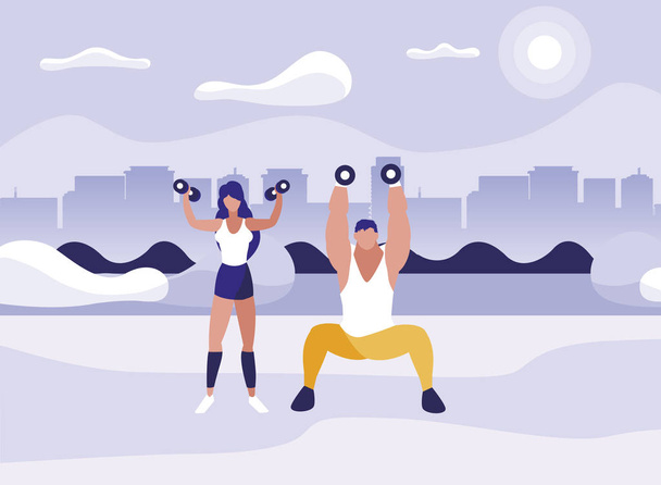 atletica uomo e donna sollevamento pesi nel parco
 - Vettoriali, immagini
