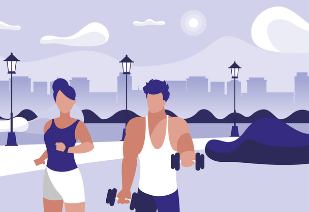 athletic man weight lifting and woman running in the park - Vector, Image